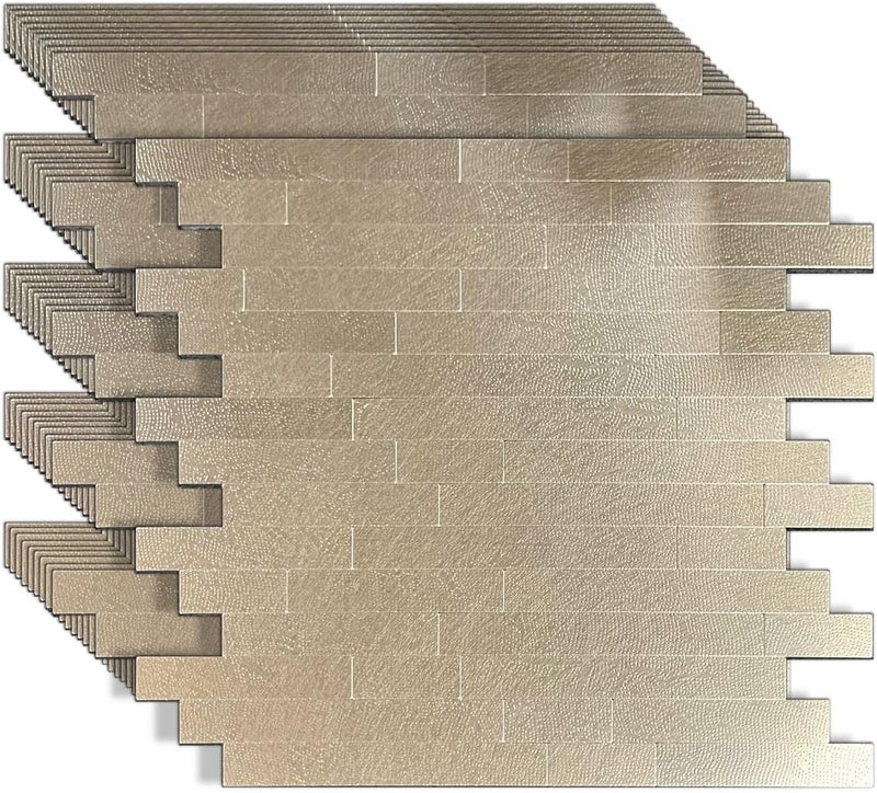 weimeisc 10 Sheets Peel and Stick Backsplash Tile for Kitchen, Self-Adhesive Mosaic Tile, Stick on Bathroom Vanities，Fireplace Décor, Laundry Table (Metal Champagne Wooden Texture) - Image 1